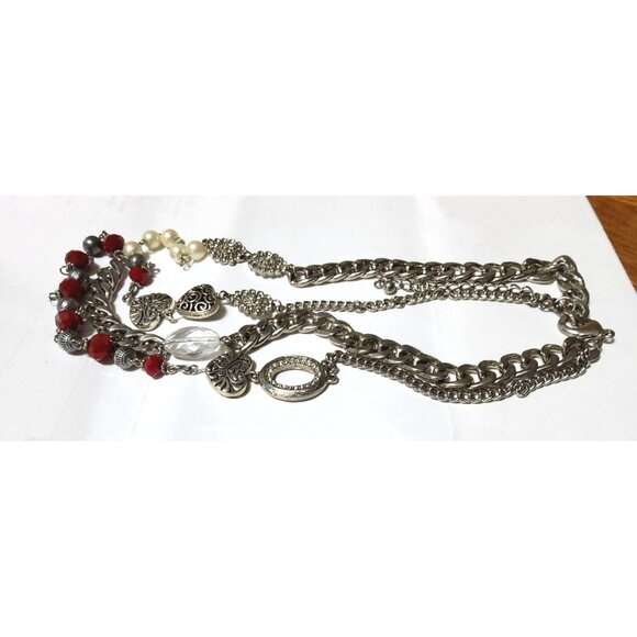 Multi-Layered Silver-Tone Necklace With Red & Pearl Beads Heart Charms & Rhinest - Picture 7 of 7